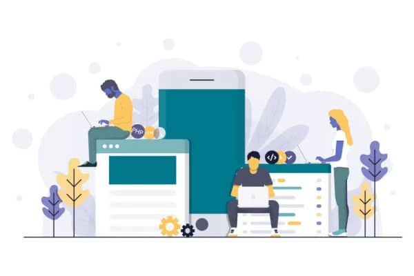 Ilustração de desenvolvimento de sites responsivos em diferentes dispositivos